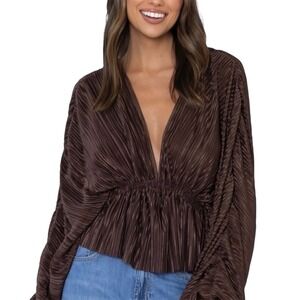Showpo Plisse Peplum Top. Balloon Sleeve. Brown. Sz 4